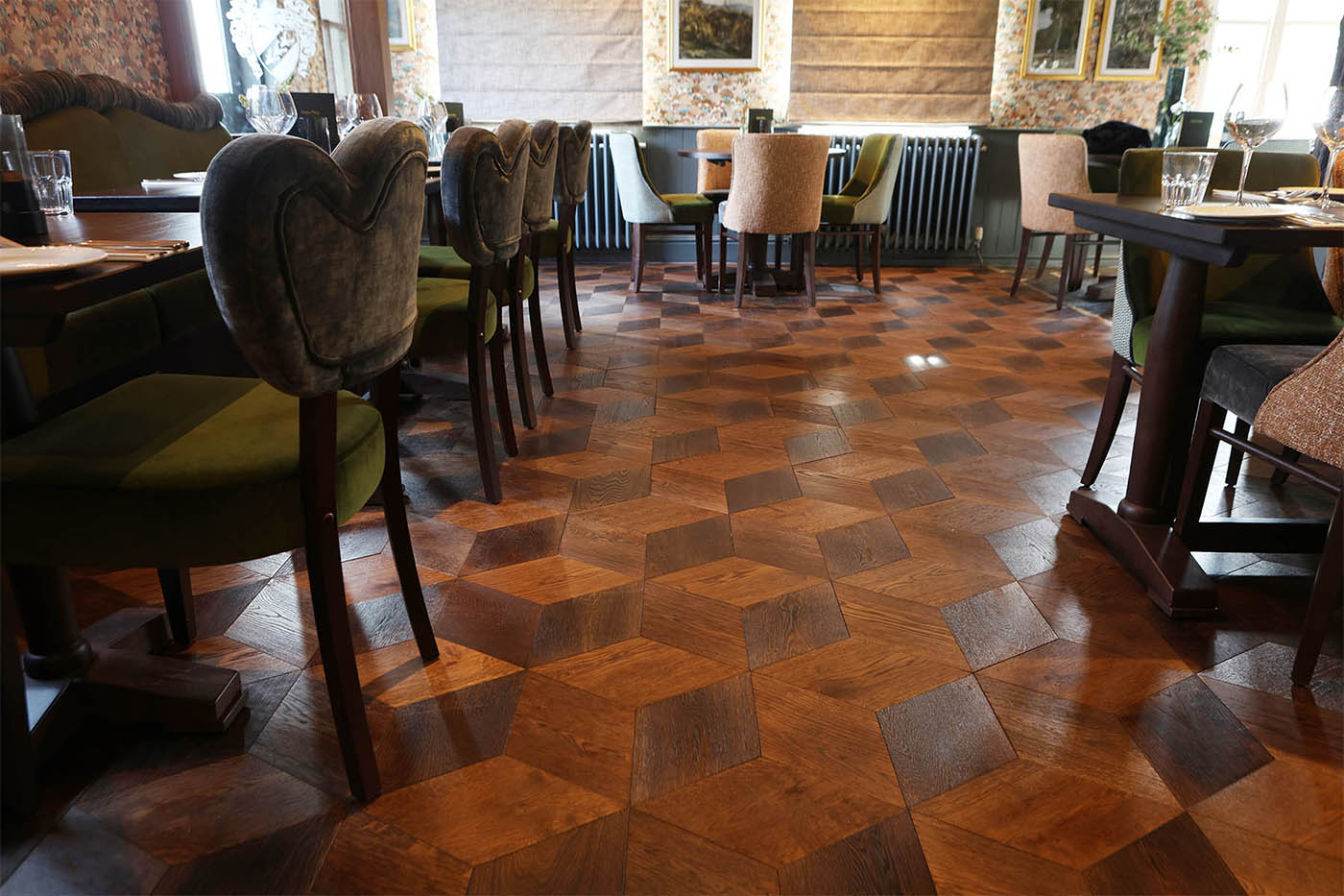 Bold and Contemporary Diamond-Pattern Wood Floor in a Pub Setting