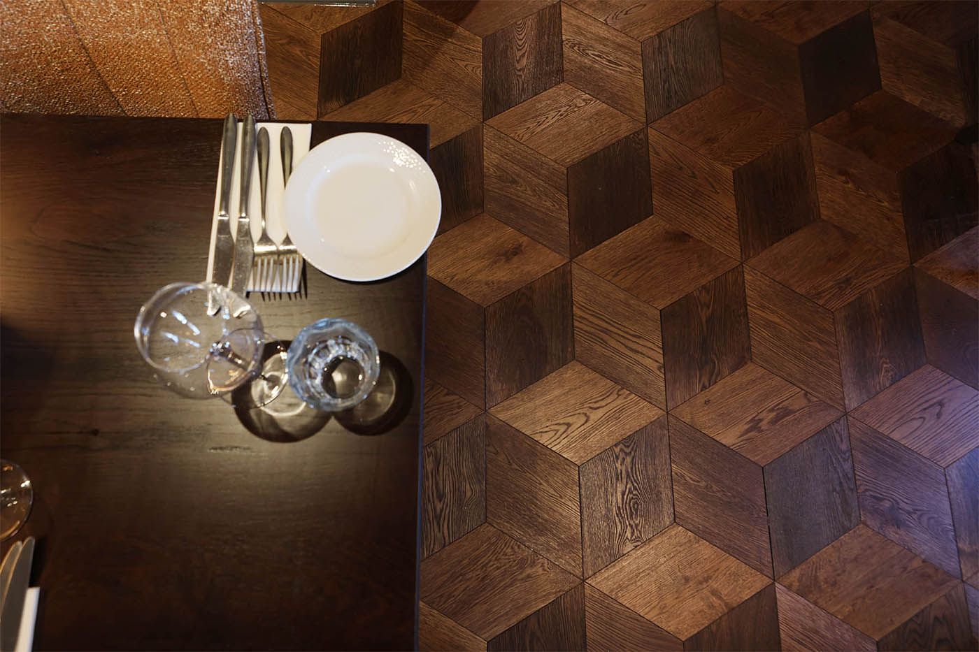 Striking Geometric Diamond-Shaped Wood Floor at The Derby Arms