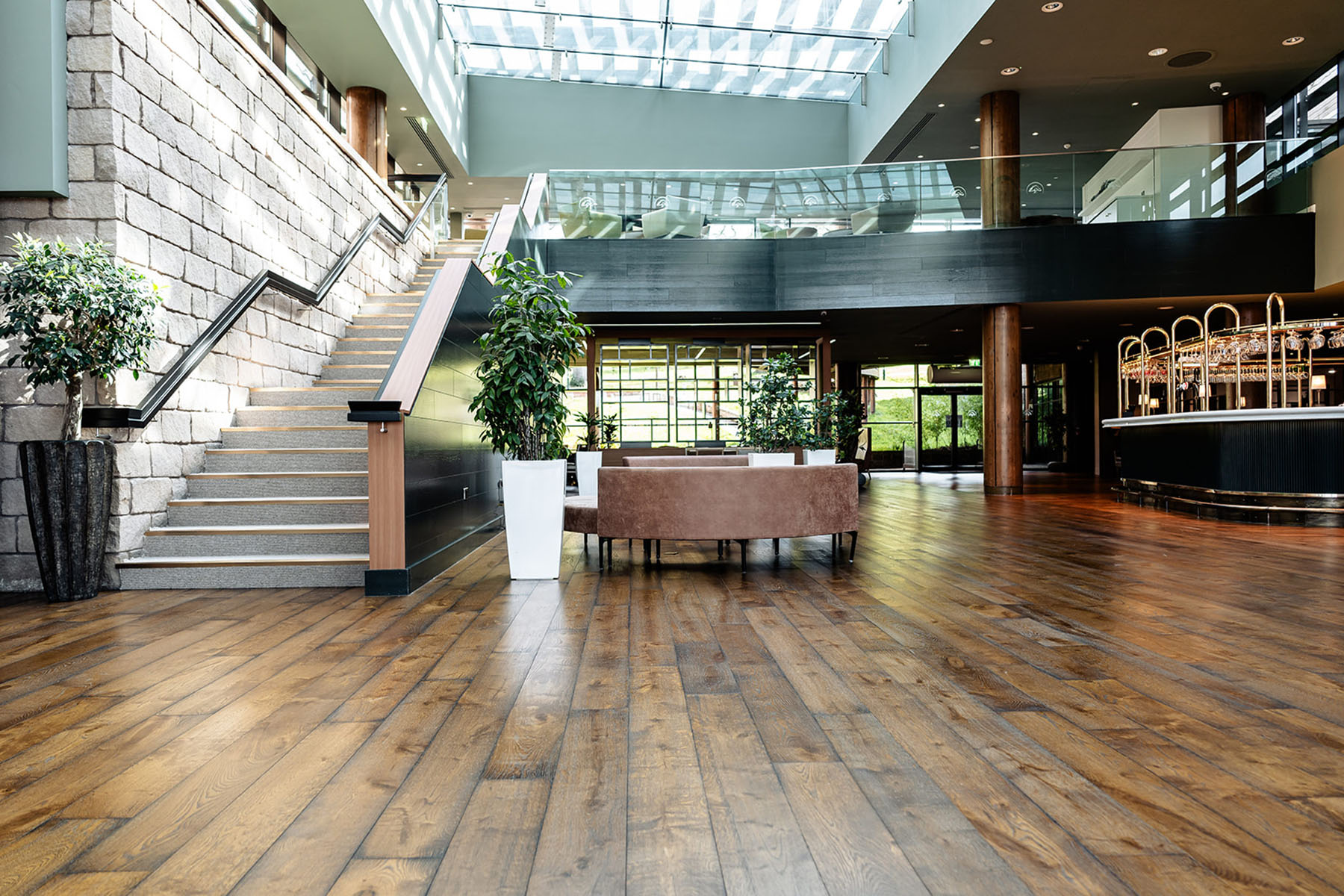 Traditional wood flooring in a hospitality setting.
