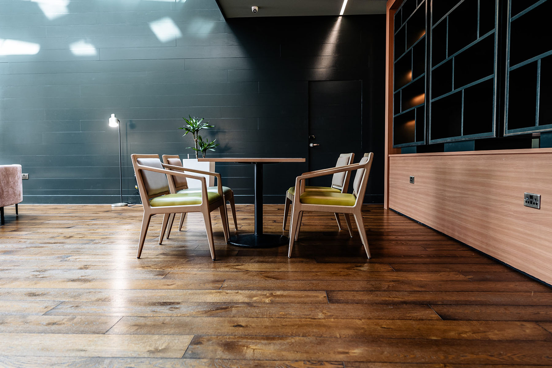 Traditional wood flooring in a hospitality setting.