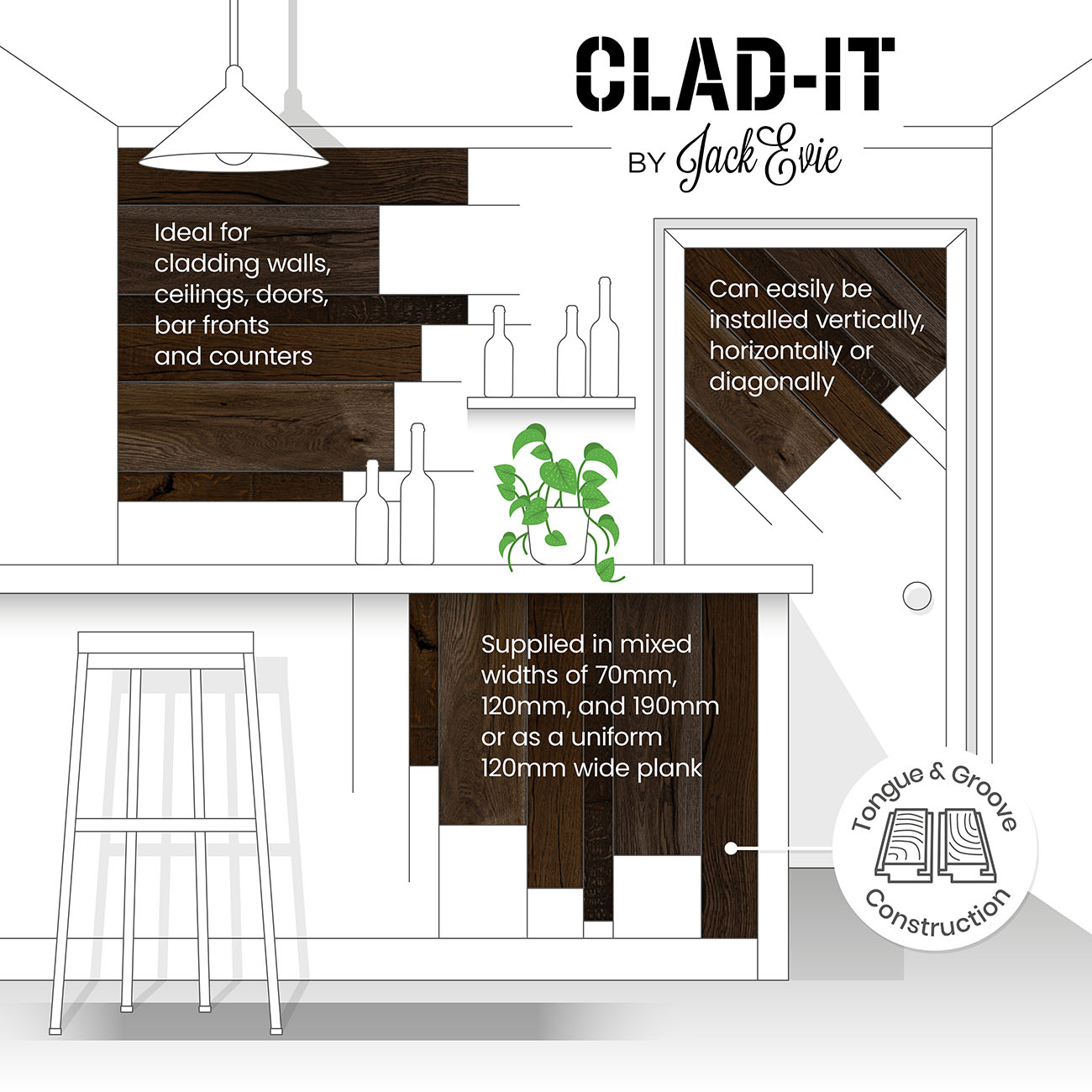 Engineered oak ceiling cladding in Danesmead espresso finish.