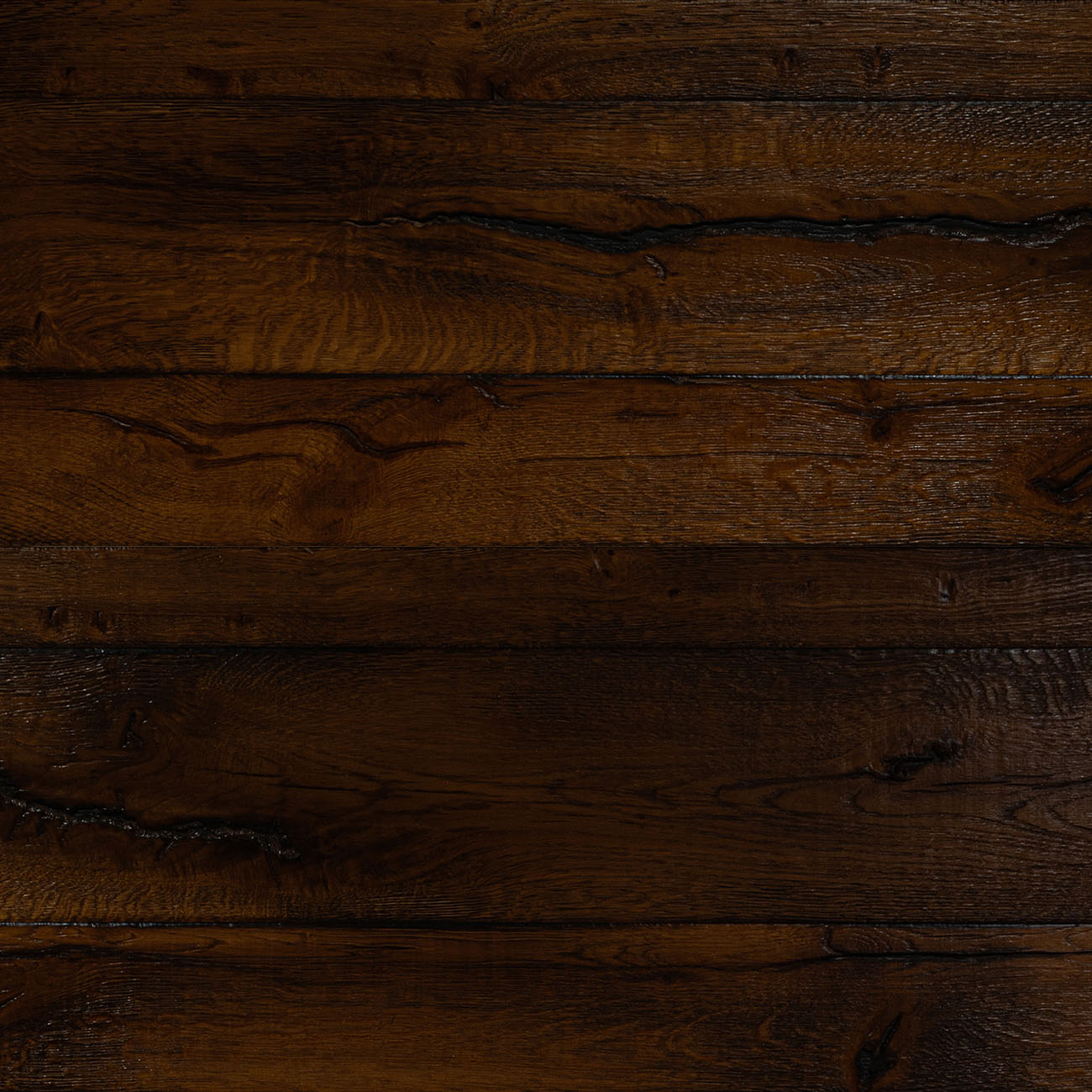 Engineered oak ceiling cladding in Fort Kir burnished brown finish.