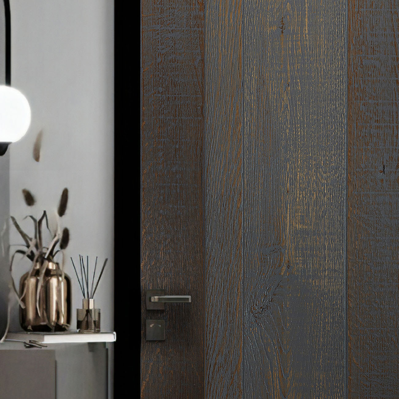 Engineered oak ceiling cladding in Jewbury moody blue-grey finish.