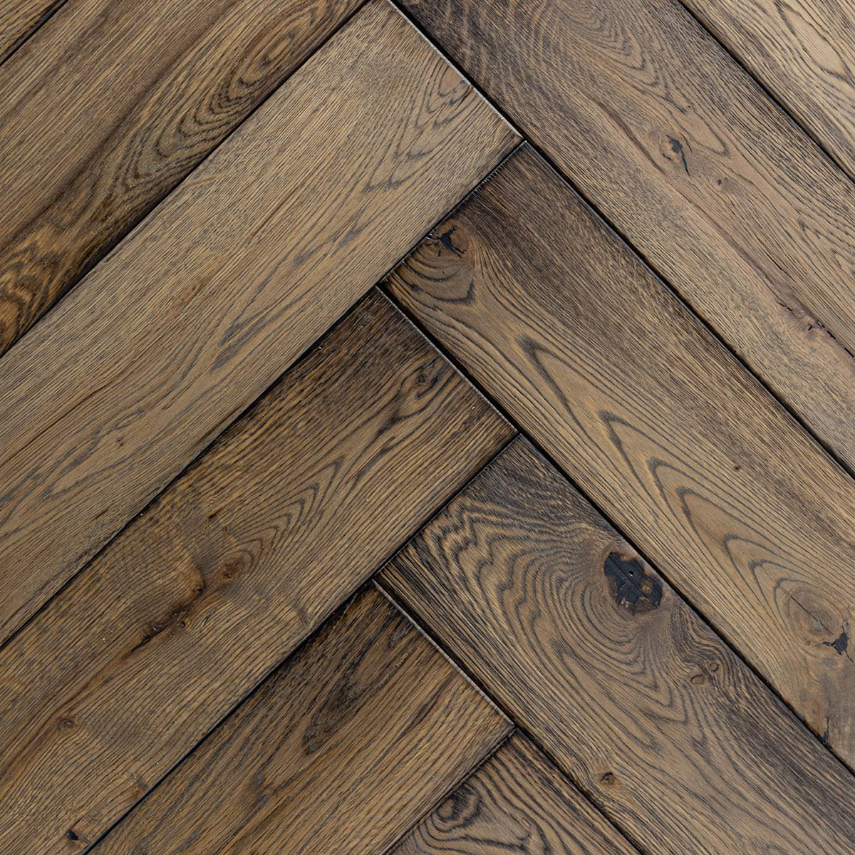 Harlington Herringbone - Smokey Brown Distressed Cobbled Edged Floor