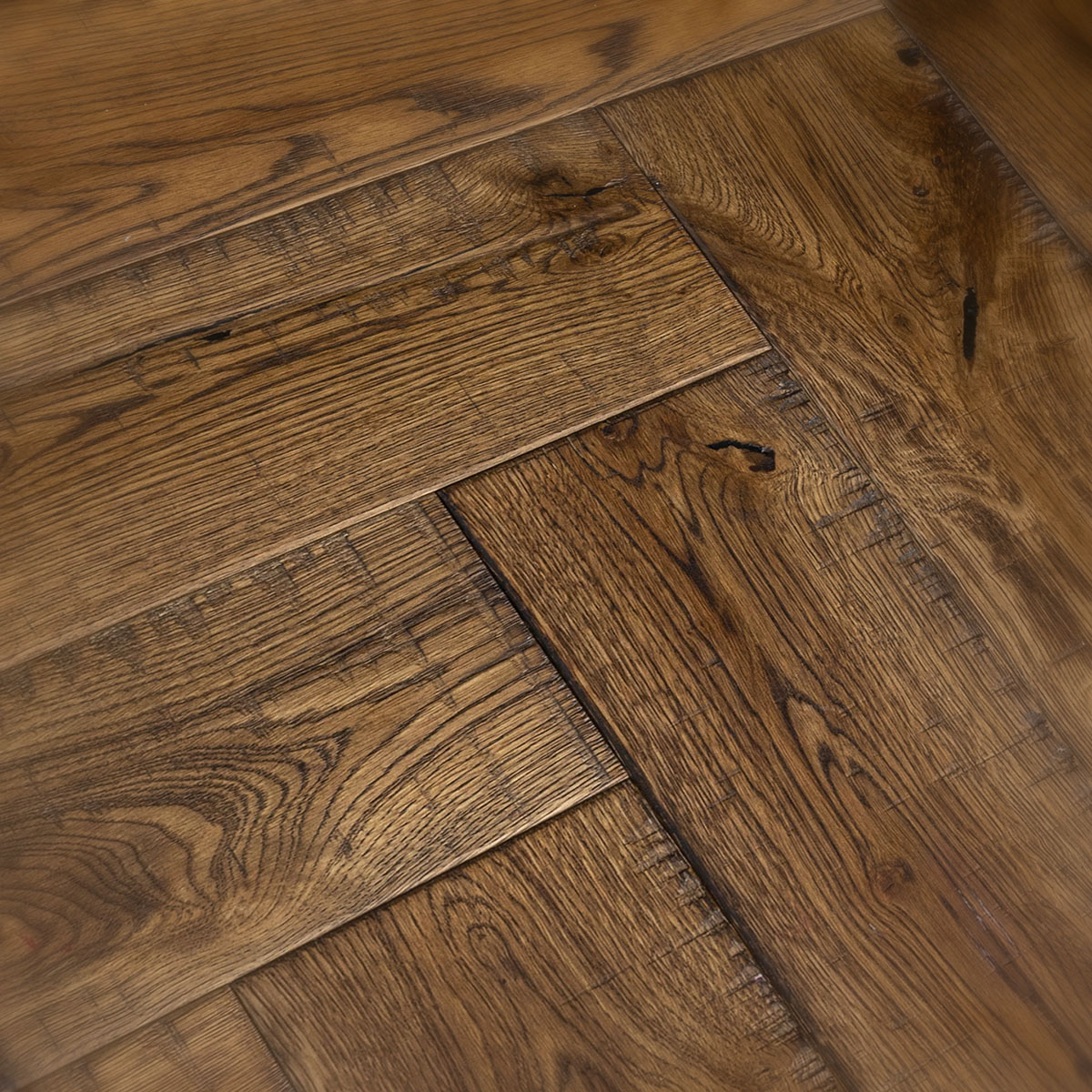 Bennett Street Herringbone - Distressed, Skipsawn, Cobbled Edged Oak Floor