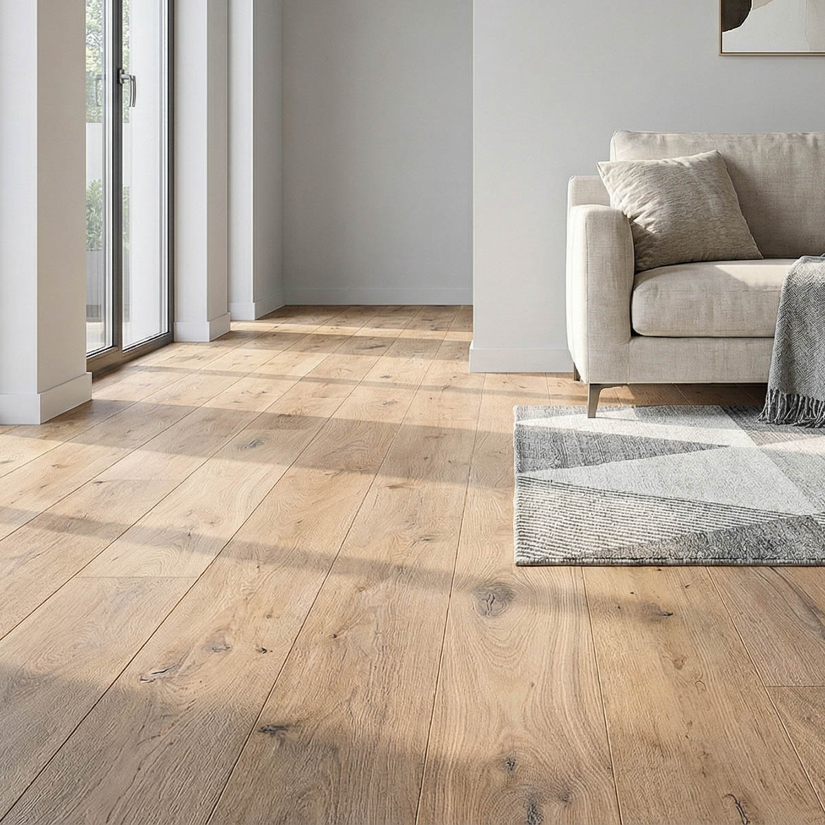 Medium oak wide plank wood floor from The Essential Collection.