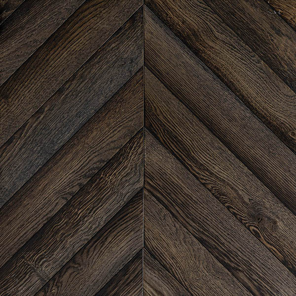 Dark chevron wood floor with micro bevelled edges and brushed surface