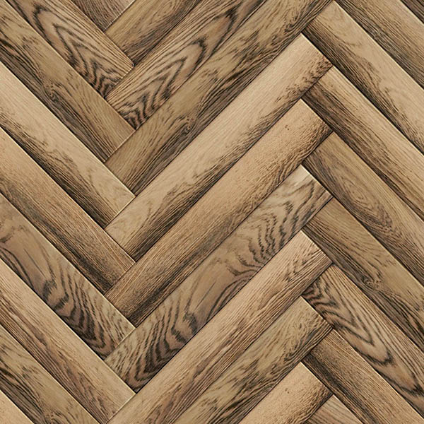 Natural grade herringbone wood floor with charred edges finished with UV hardened oil