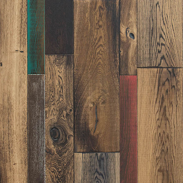 Random width plank wood floor with mixed coloured planks made from engineered oak