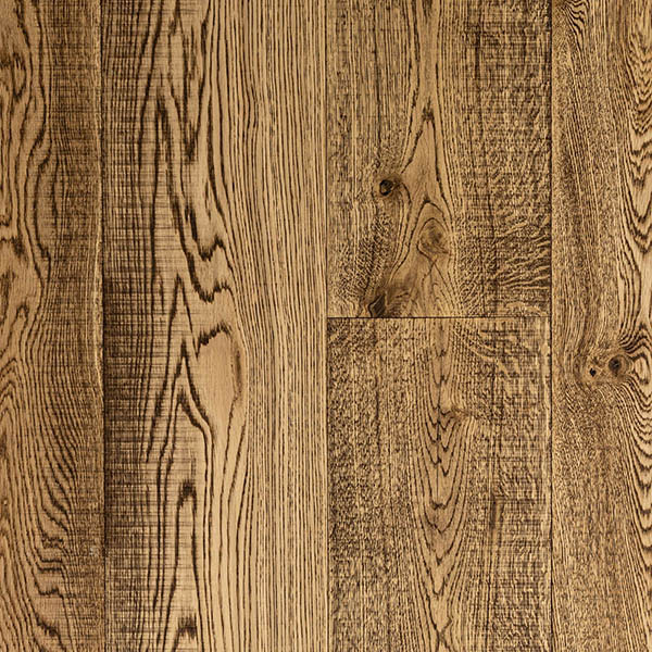 Skipsawn plank wood floor made from rustic grade engineered oak with distressed surface