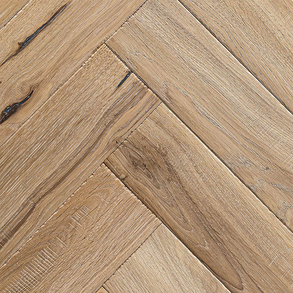 Herringbone floor made from engineered European oak with tumbled edges