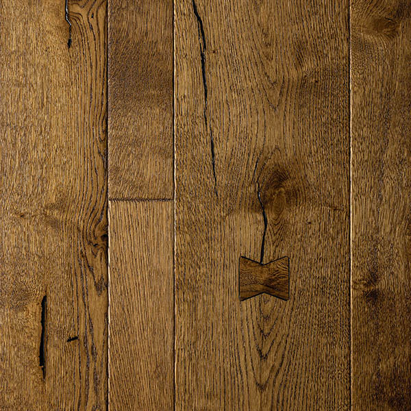 Mixed width engineered plank wood floor with distressed surface, featuring filled splits and ties