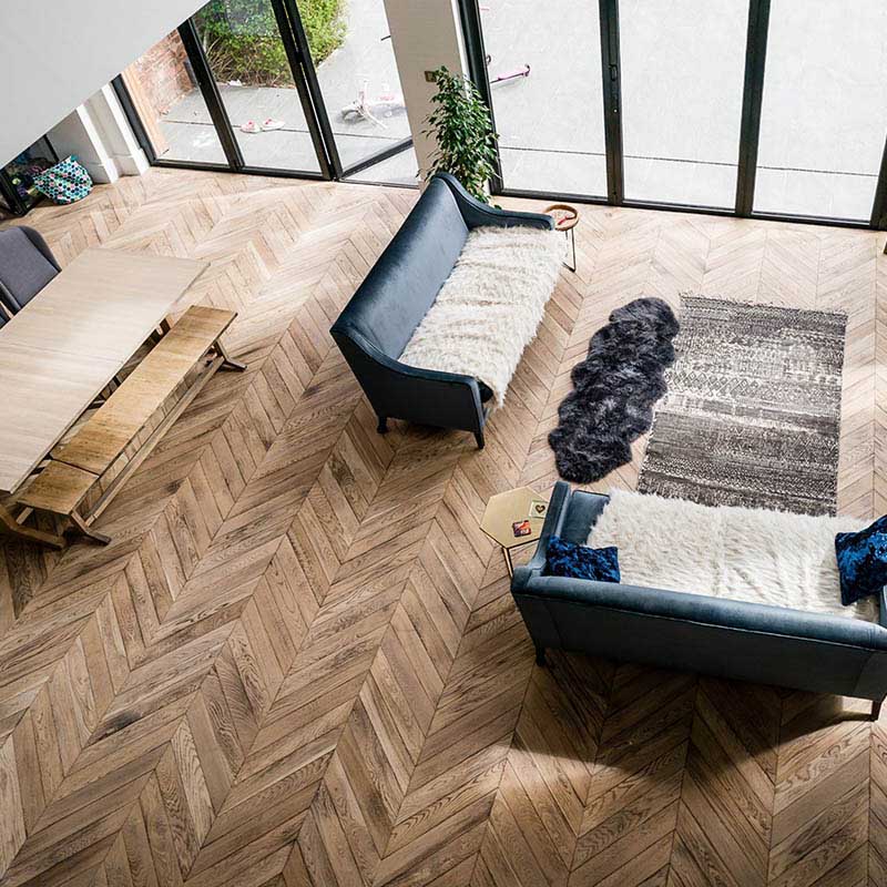 Chevron wood flooring installation in a residential property