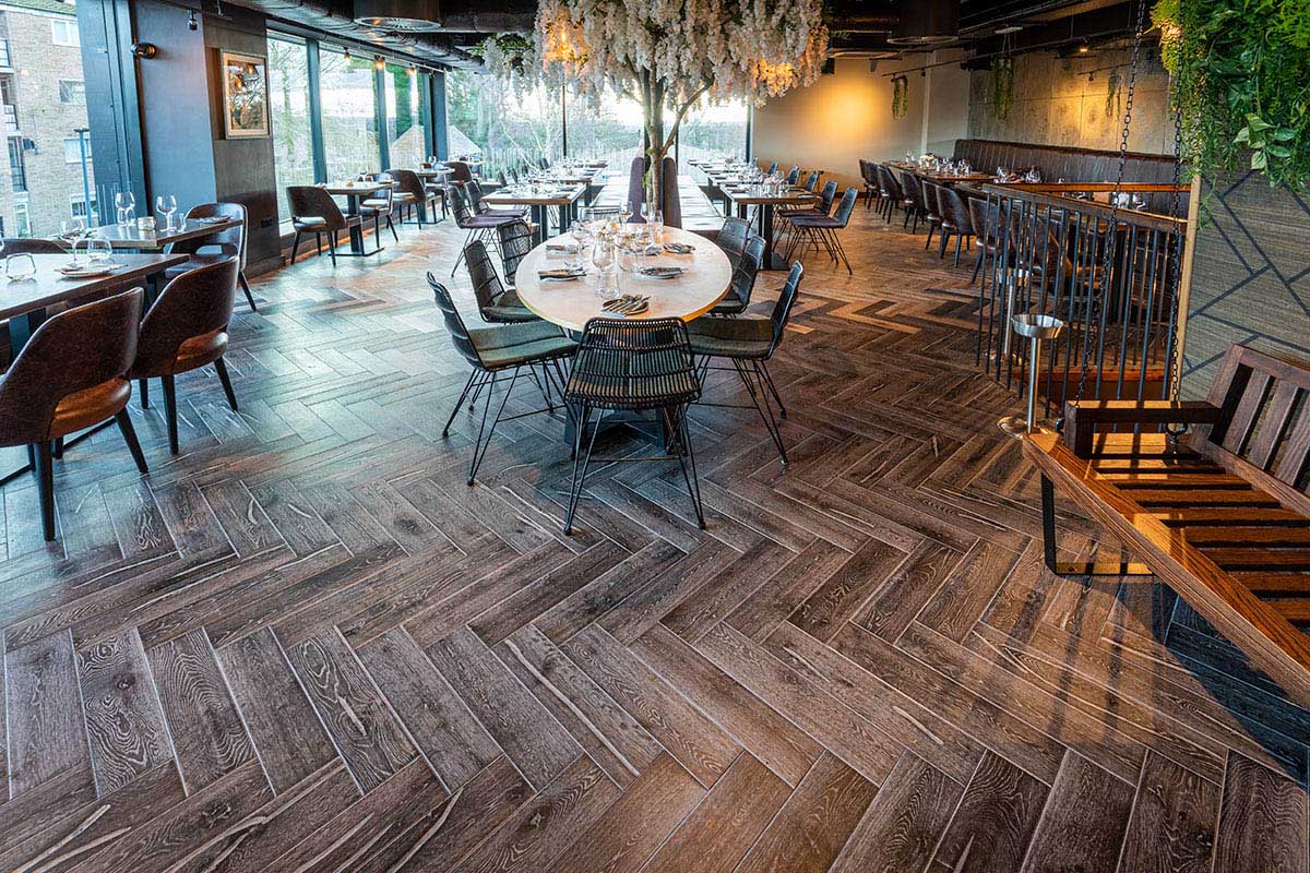 Engineered wood flooring with a Herringbone design in a restaurant.