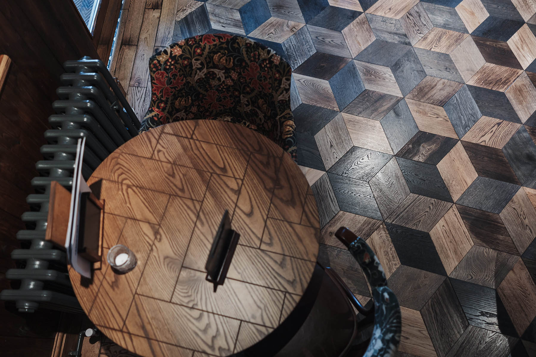 Pub interior featuring bespoke diamond and herringbone oak flooring by JackEvie