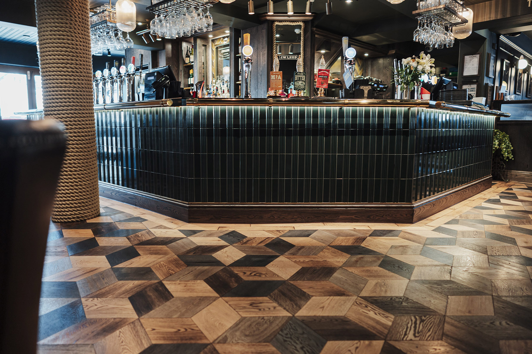 Three-tone geometric diamond oak flooring from JackEvie Newport Collection