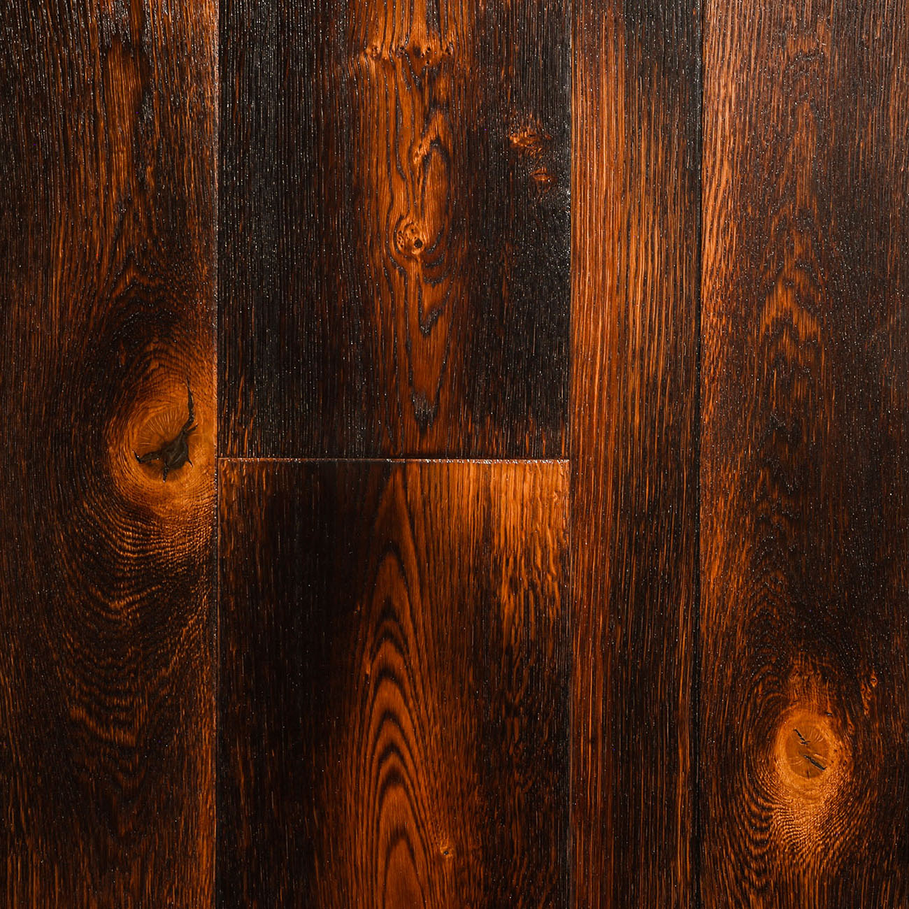 Daffodil Drive burnt oak flooring with rustic detail.