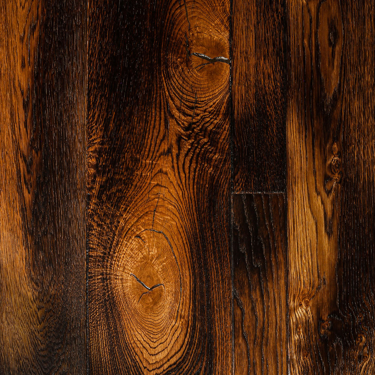 Garden Street burnt oak flooring with rustic detail.