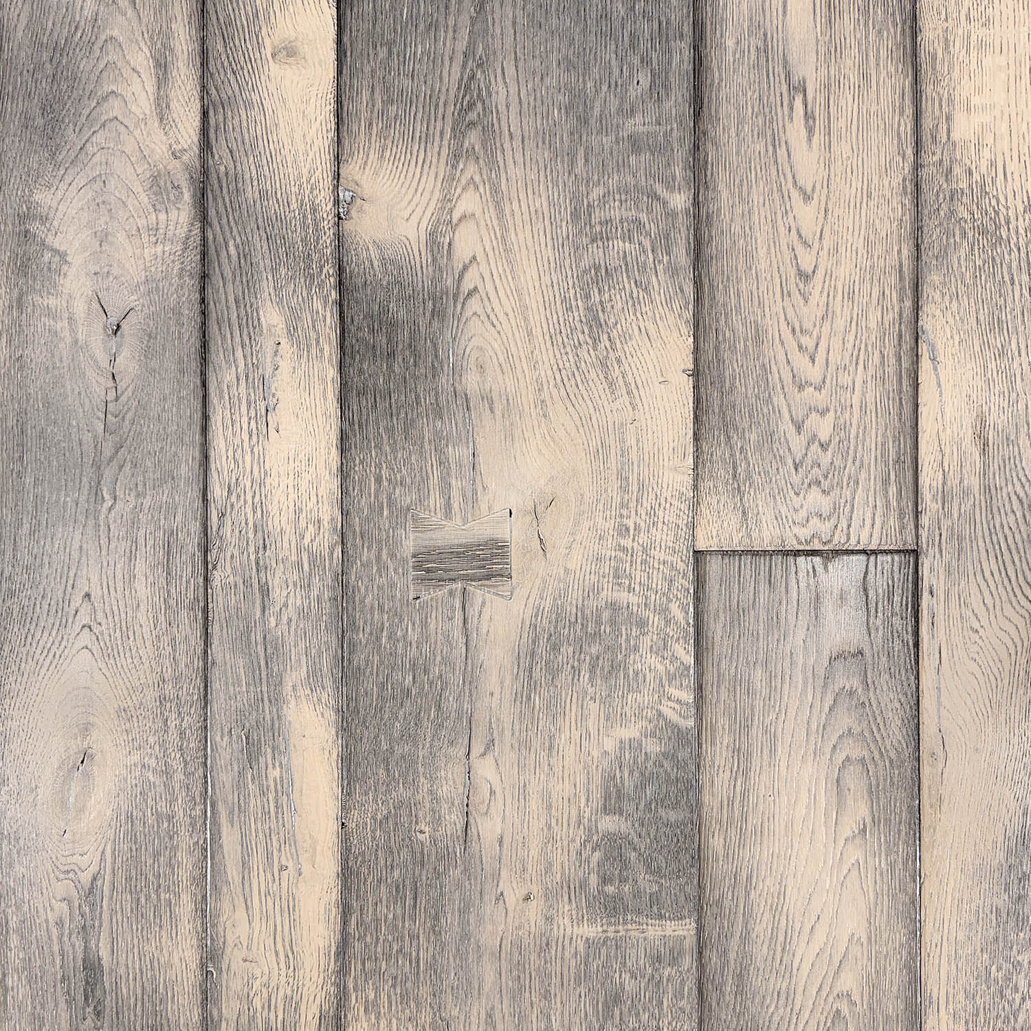 Imperial Way flamed engineered oak flooring with grey and cream weathered textures and butterfly joinery details.