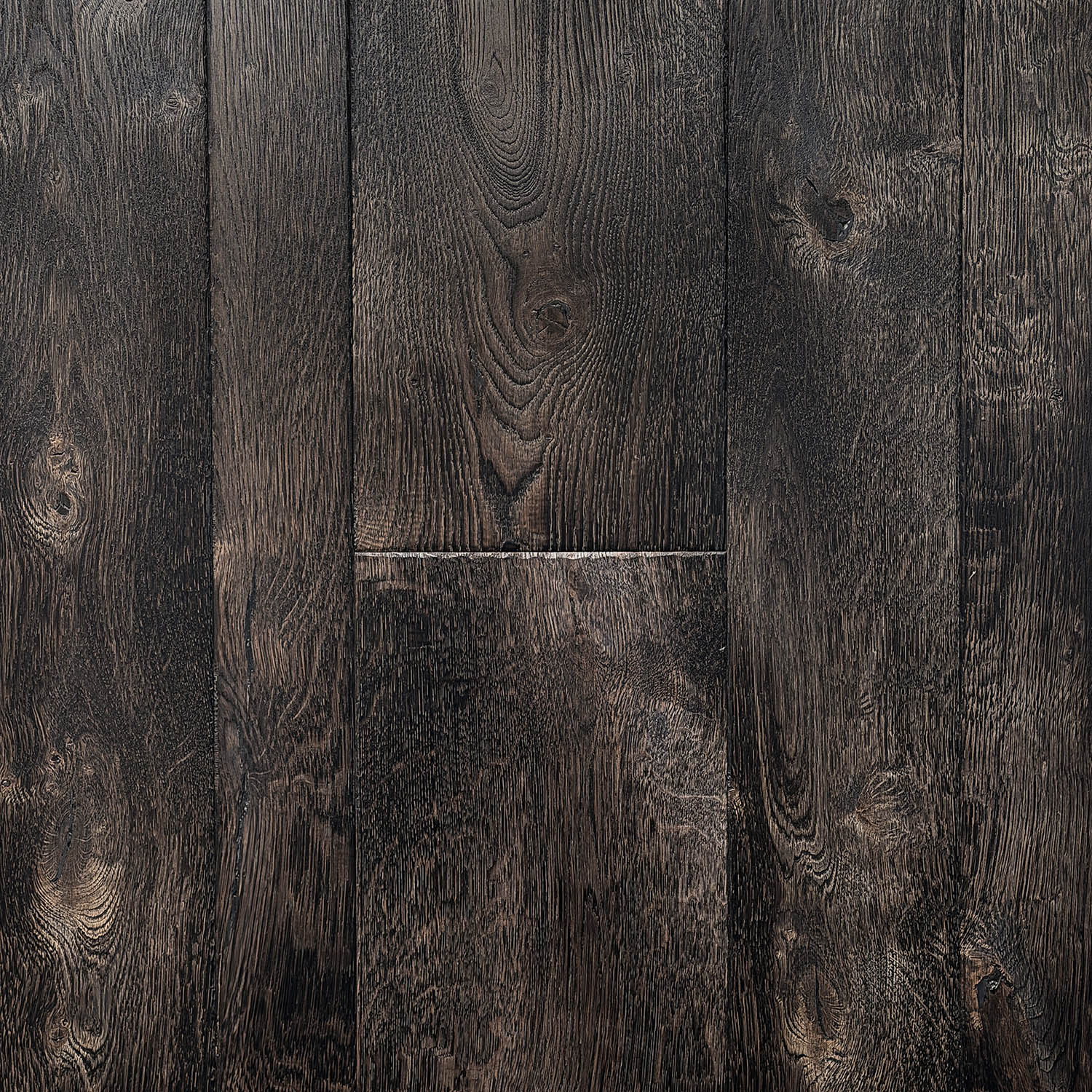 Imperial Way flamed engineered oak flooring with grey and cream weathered textures and butterfly joinery details.